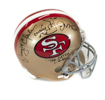 Joe Montana & Dwight Clark Dual Signed San Francisco 49ers Helmet w/ Hand Drawn Play Inscription